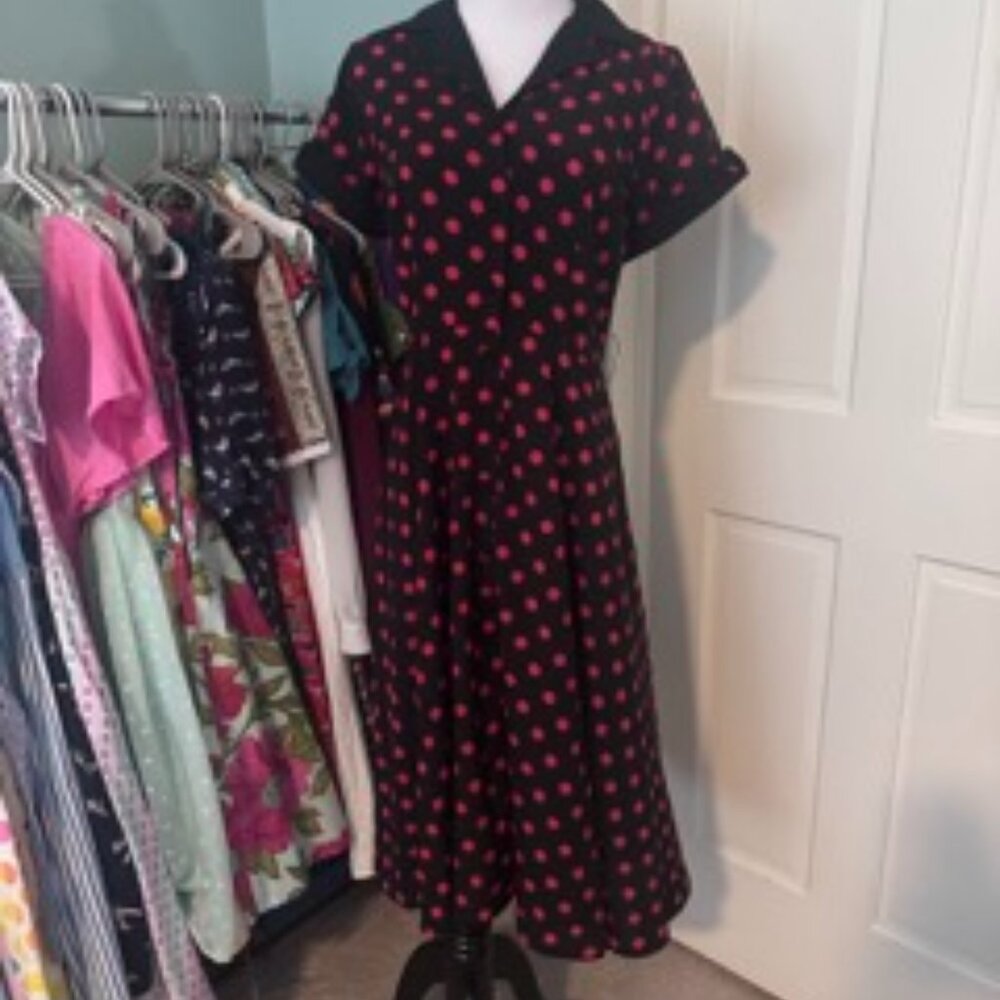 Unique Vintage Black & Red Polka Dot Alexis Shirtdress